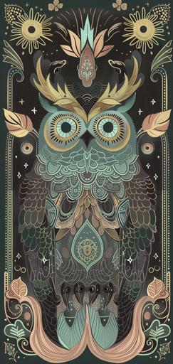 horned owl tarot card with a gold filigree border --ar 9:19 --sref    --style raw --sw 30 --s 50 --v 6.0