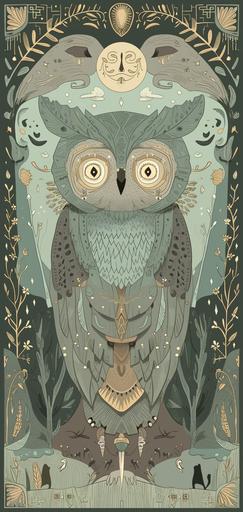 horned owl tarot card with a gold filigree border --ar 9:19 --sref    --style raw --sw 25 --s 10 --niji 6