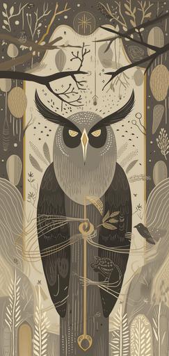 horned owl tarot card with a gold filigree border --ar 9:19 --sref    --style raw --sw 25 --s 10 --niji 6