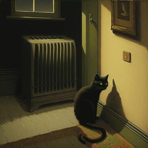 horror art piece of dimly lit room, circa 1940s, with a long thin black cat crouching and looking into an air vent grate set low in the wall, painted in great detail by John Stewart Curry and Grant Wood.