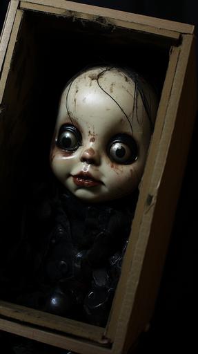 horror doll inside a box, black eyes, horror, photoreal   --ar 9:16