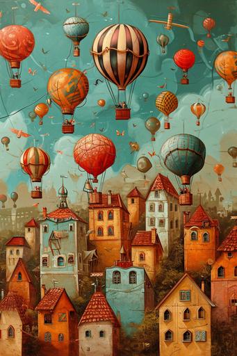 hot air balloons and houses by kokarniz, in the style of surrealist symbolism, baroque animals, oil on copper, stop-motion animation, velvia, commission for, animation --ar 85:128 --v 6.0