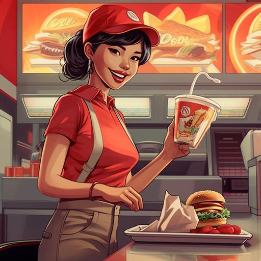 hot asian girl serving IN N OUT burgers, fast food chain, american cartoon style