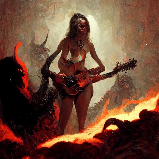 hot bikini girl playing guitar against a demon in hell