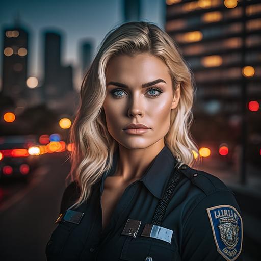 hot blonde American woman model posing, narrow face, police style, law theme, city background, medium shot taken with Canon R5, cinematic lighting, 4k - - q 5 --v 4
