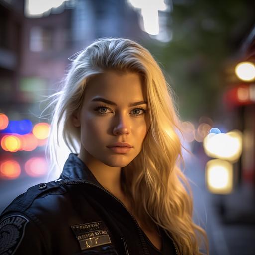 hot blonde American woman model posing, narrow face, police style, law theme, city background, medium shot taken with Canon R5, cinematic lighting, 4k - - q 5 --v 4