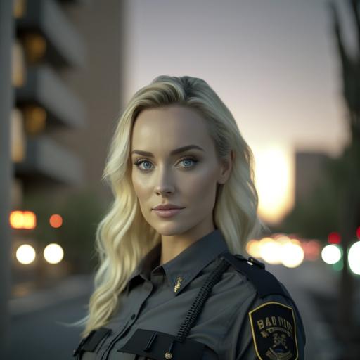 hot blonde American woman model posing, narrow face, police style, law theme, city background, medium shot taken with Canon R5, cinematic lighting, 4k - - q 5 --v 4