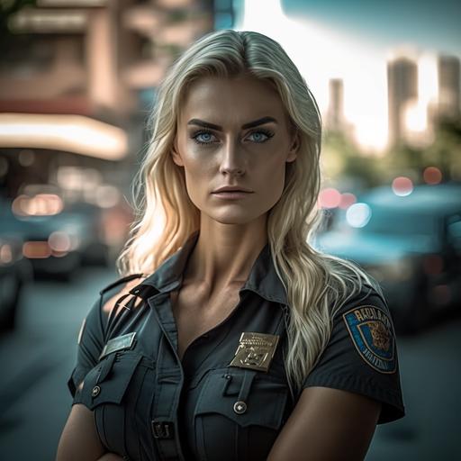 hot blonde American woman model posing, narrow face, police style, law theme, city background, medium shot taken with Canon R5, cinematic lighting, 4k - - q 5 --v 4