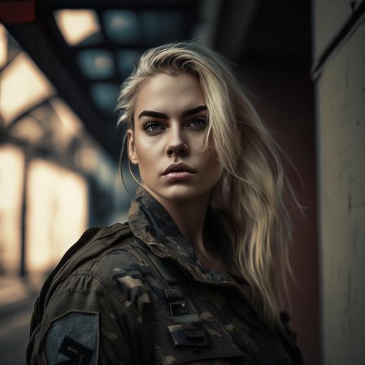 hot blonde American woman model posing, narrow face, soldier style, camo uniform, rubbled buildings, war theme, medium shot taken with Canon R5, cinematic lighting, 4k - - q 5