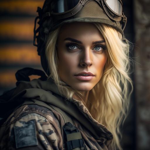 hot blonde American woman model posing, narrow face, soldier helmet, soldier style, camo uniform, rubbled buildings, war theme, medium shot taken with Canon R5, cinematic lighting, 4k - - q 5