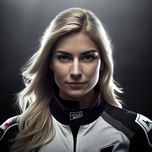 hot blonde Caucasian woman model posing, round face, racing theme, racing clothes, f1 style, medium shot taken with Canon R5, cinematic lighting, 4k - - q 5 --v 4
