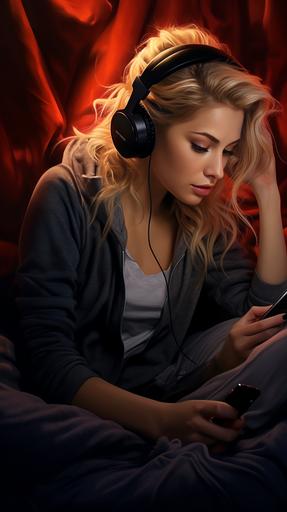 hot blonde girl listening to her phone with headphones in her bed photorealistic --ar 9:16