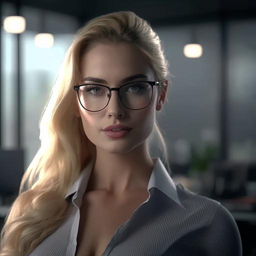 hot blonde secretary weared glasses model posing, hearth shaped face, office theme, close shot photo taken Canon R5, cinematic lighting, 4k - - q 5 --v 4