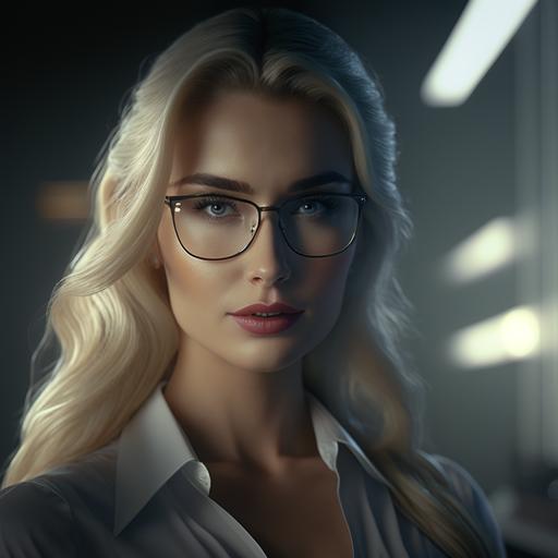 hot blonde secretary weared glasses model posing, narrow face, office theme, close shot photo taken Canon R5, cinematic lighting, 4k - - q 5 --v 4