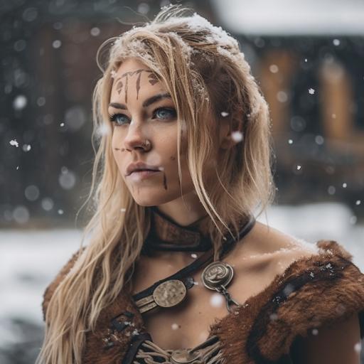 hot blonde viking woman model posing, viking style, warpaint on face, snow theme, medium shot taken with Canon R5, cinematic lighting, 8k, --q 5 --v 5 --s 750