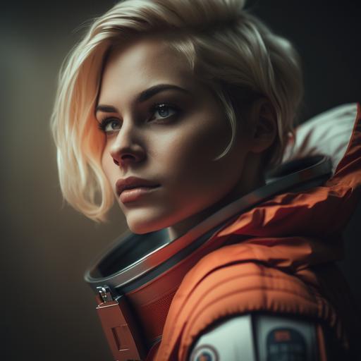 hot blonde woman model posing, short hair, astronaut, Mars theme, medium shot photo taken Canon R5, cinematic lighting, 4k - - q 5 --v 4
