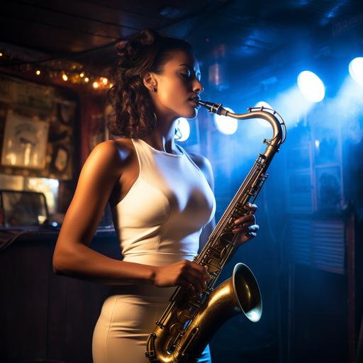 hot brunette in a white dress playing saxophone on a shadowy stage in a dive bar