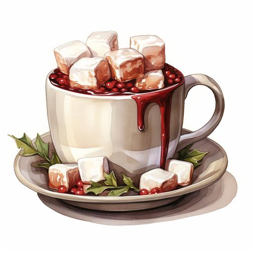 hot chocolate, marshmallow in cup, watercolor illustration, white background for removing background --no text watermark font watermar --style raw --s 250