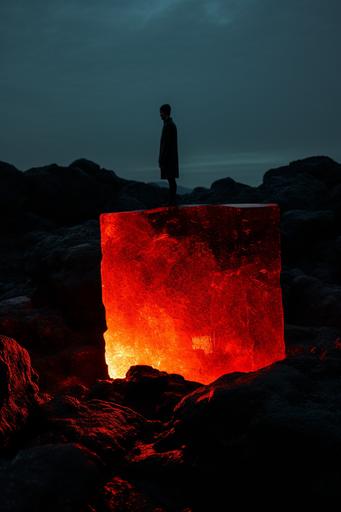 hot glowing lava cube:: model sits on a stone photoshoot concept --ar 2:3