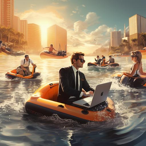 hot on canon r5, a group of business people riding on jet skis, working on laptops, with other people swimming in he distance, ocean in background, people sinking in the distance. sink or swim, Orange accents.