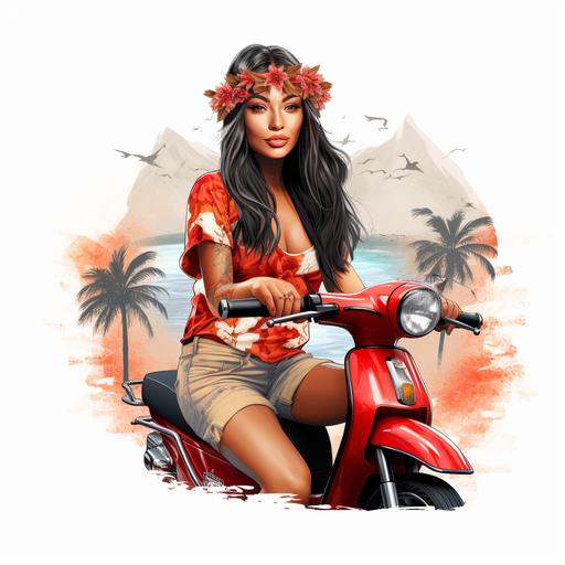 hot polynesian girl with tatoos on a scooter delivery white background