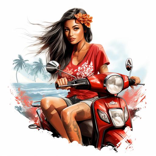 hot polynesian girl with tatoos on a scooter delivery white background