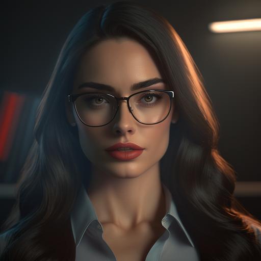hot secretary model wearing glasses posing, office theme, close shot photo taken Canon R5, cinematic lighting, 4k - - q 5 --v 4