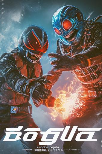 hot vs cold | mierlu::0 hot vs cold, hot kamen rider fighting with cold monster, 1970s action movie poster, title logo