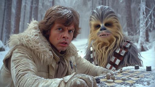 hot vs cold Luke skywalker and Wampa Wampa settle teir differences over a game of checkers in the film The Empire Strikes back. the kettles on and is steaming hot, outside the cave Han Solo looks for Luke and is getting desparate , cinematic --ar 16:9 --s 750 --v 6.0