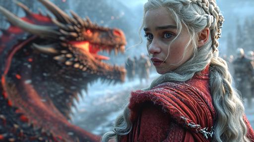 hot vs cold daenerys targaryen looks over her shoulder riding a dragon whilst looking back at white walkers trying to catch her on ice battlefield , cinematic --ar 16:9 --s 750 --v 6.0
