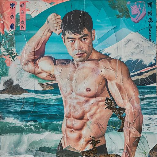 hot vs cold gay Japanese muscular superhero Collage, jimmy turrell style, risograph printed portraiture on artist’s paper --c 12 --s 40 --v 6.0