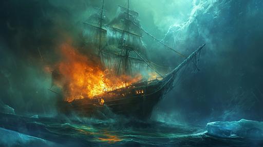 hot vs cold, in ice ocean pirate ship painting with large flames, in the style of golden age illustrations and daguerreotypes, loish, rafał olbiński, strong use of contrast, dark emerald and yellow, --ar 16:9 --v 6.0