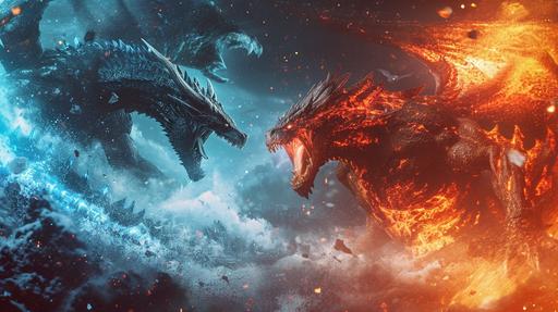 hot vs cold monsters fighting in epic battle, cinematic still --ar 16:9 --v 6.0