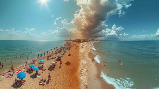 hot vs cold the juxtaposition of a hot summer day on a bustling beach with the sudden onset of a cold front. The left side of the image basks in the glory of a bright summer sun, which hangs high in a clear azure sky. The beach is dotted with people engaged in quintessential summer activities: sunbathing on colorful towels, building sandcastles, and wading into the sparkling blue waters. Beach umbrellas in shades of blue and other bright colors are sprinkled across the sandy expanse, providing little oases of shade. Contrastingly, the right side of the image is dominated by the imposing presence of a massive cold front. A thick wall of dark, ominous clouds rolls in, casting a dramatic shadow over the scene. These clouds are dense and heavy, with a texture that suggests a palpable chill sweeping over the area. The demarcation between the sunny warmth and the cool shadow of the cold front is stark, as if two different worlds are colliding. The sea reflects this duality; on the sunlit side, the water is calm and inviting, while nearer to the cold front, it begins to show signs of unrest. A cool breeze seems to surge ahead of the front, causing the umbrellas and the surface of the ocean to ripple and churn in response. The beachgoers' body language shifts from relaxed to tense as they sense the changing weather, some starting to gather their belongings in anticipation of the cold front’s full arrival. The image captures a moment frozen in time, where summer's warmth is touched by the impending chill of a powerful weather phenomenon --ar 16:9 --s 750 --v 6.0