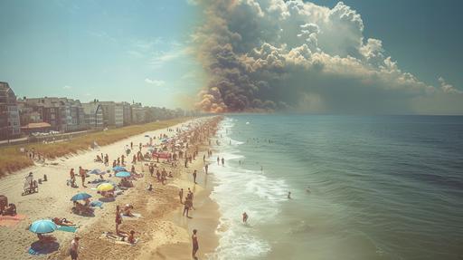 hot vs cold the juxtaposition of a hot summer day on a bustling beach with the sudden onset of a cold front. The left side of the image basks in the glory of a bright summer sun, which hangs high in a clear azure sky. The beach is dotted with people engaged in quintessential summer activities: sunbathing on colorful towels, building sandcastles, and wading into the sparkling blue waters. Beach umbrellas in shades of blue and other bright colors are sprinkled across the sandy expanse, providing little oases of shade. Contrastingly, the right side of the image is dominated by the imposing presence of a massive cold front. A thick wall of dark, ominous clouds rolls in, casting a dramatic shadow over the scene. These clouds are dense and heavy, with a texture that suggests a palpable chill sweeping over the area. The demarcation between the sunny warmth and the cool shadow of the cold front is stark, as if two different worlds are colliding. The sea reflects this duality; on the sunlit side, the water is calm and inviting, while nearer to the cold front, it begins to show signs of unrest. A cool breeze seems to surge ahead of the front, causing the umbrellas and the surface of the ocean to ripple and churn in response. The beachgoers' body language shifts from relaxed to tense as they sense the changing weather, some starting to gather their belongings in anticipation of the cold front’s full arrival. The image captures a moment frozen in time, where summer's warmth is touched by the impending chill of a powerful weather phenomenon --ar 16:9 --s 750 --v 6.0