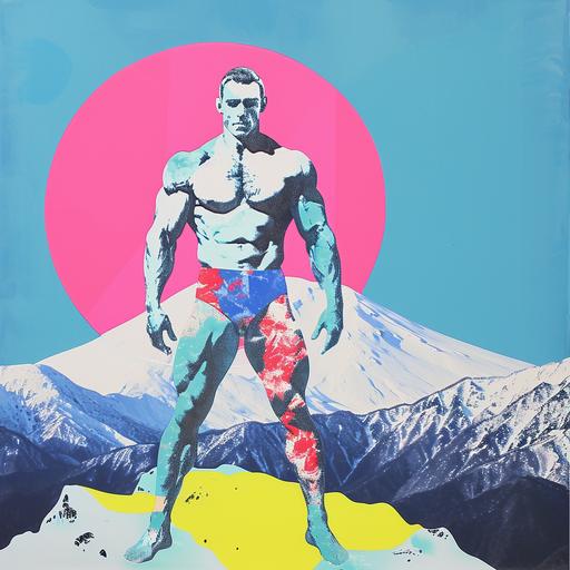 hot vs cold toe gay Japanese muscular superhero Collage, jimmy turrell style, risograph printed portraiture on artist’s paper --c 6 --s 40 --v 6.0