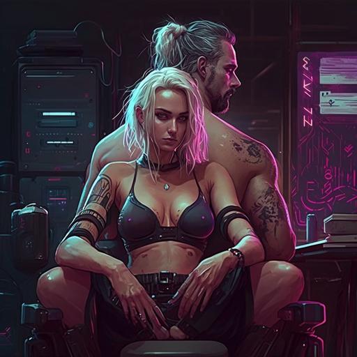 hot young blonde woman grinding down onto Keanu Reeves' lap, Cyberpunk 2077, sensual dance, lovers, hot, desire, detailed, night city, leather chair, plush, hips, skin on skin, full-body view
