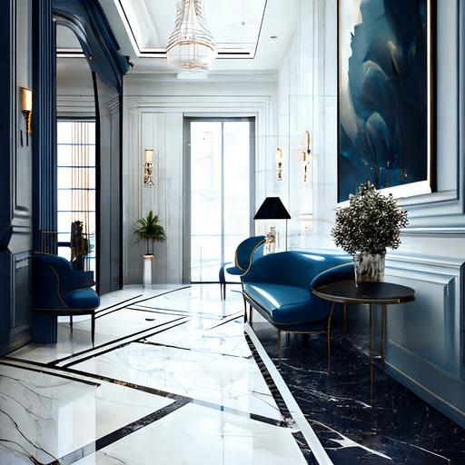 hotel lobby with blue marble flooring, and luxury modern interior sophisticated details