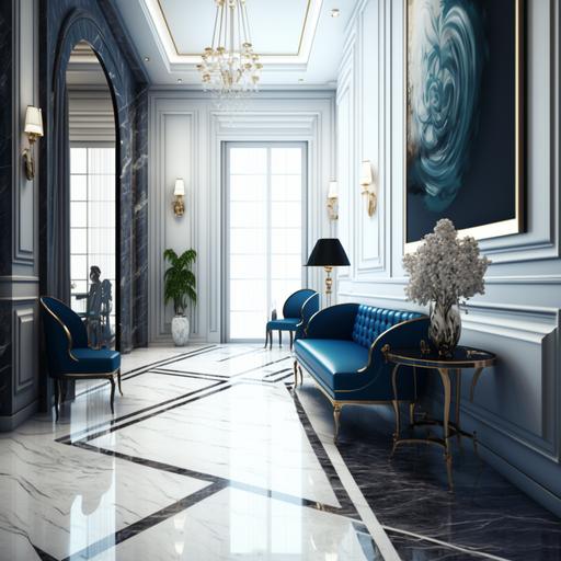 hotel lobby with blue marble flooring, and luxury modern interior sophisticated details