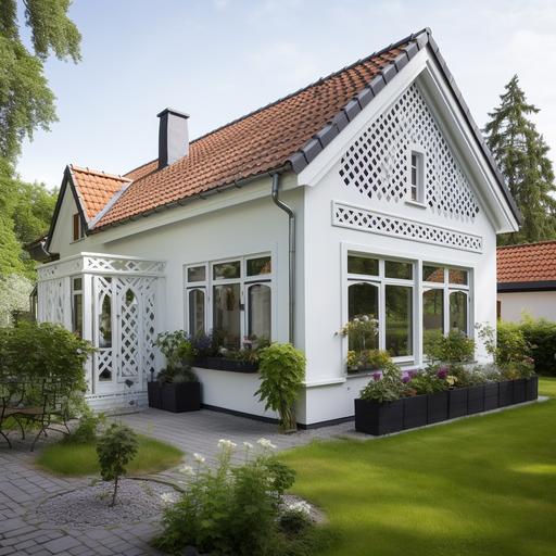 houes, white exterior walls, green lattice windows, a Nordic style, and a spacious garden.”
