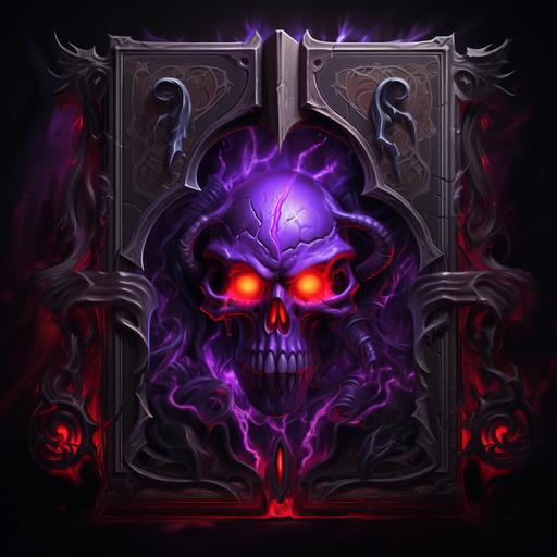 World of Warcraft, a pitch black book with a purple skull and ruby eyes, dark energy coming from the book