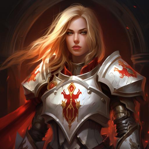 world of Warcraft, a female Paladin, zealot, crusader, white plate armor with red cloth, flame insignia logo on chest, evil