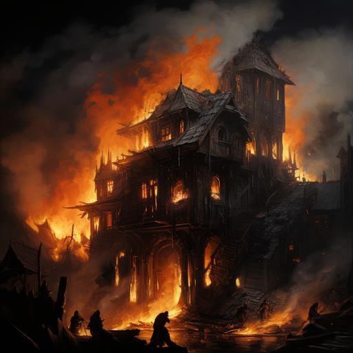 house burnt down and on fire all in ruble in the style of Gustave Doré
