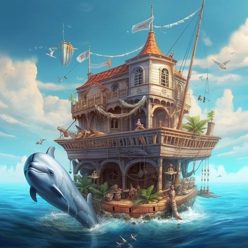 house in the middle of the sea, sailing ship, dolphins, marine theme, 3D, maximum quality and detail