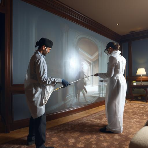 housekeeper is wiping a painting in the hotel room while another employee is standing beside supervising (1st person's VR POV)