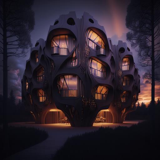 housing project, Stockholm, Cosmic constructions, Futuristic, parametric, Agate, wood, octane render 4k, dusk lighting --v 4