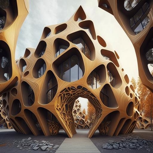 housing project, Stockholm, Cosmic constructions, Futuristic, parametric, Agate, wood, --v 4