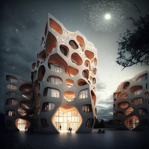 housing project, Stockholm, Cosmic constructions, Futuristic, parametric, Agate, wood, --v 4