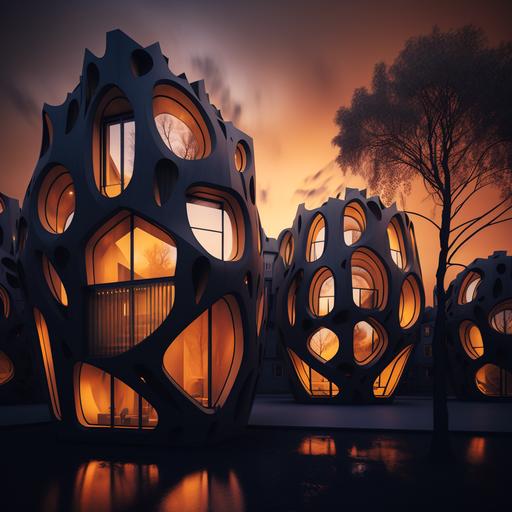 housing project, Stockholm, Cosmic constructions, Futuristic, parametric, Agate, wood, octane render 4k, dusk lighting --v 4