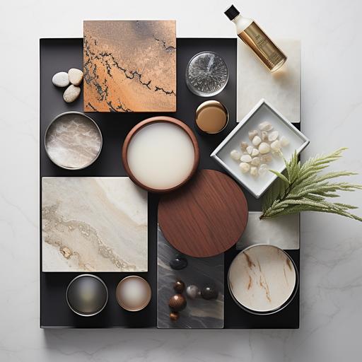 hper realistic photo, top down view, product photograhy, a material moodboard with square swatches placed in a thermo treated teak wood tray, limestone texture, bronze mirror, smoke glass with transparency, matte black metal, shiny silver sample, light grey wall decorative painting, desaturated brushed copper, rifled teak wood, clear glass sample, minimalist atmosphere, cozy soft warm lighting